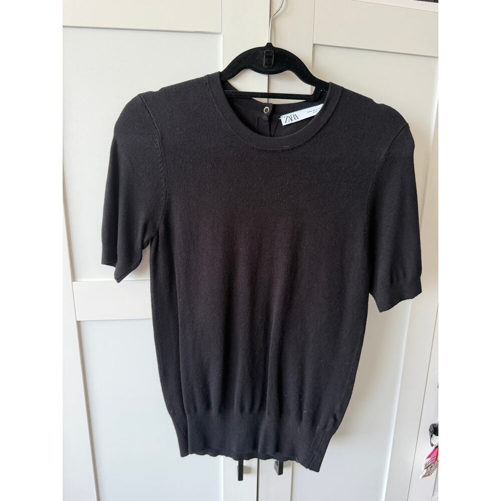 Zara Black Short Sleeve Sweater / Top - Gold Buttons at nape